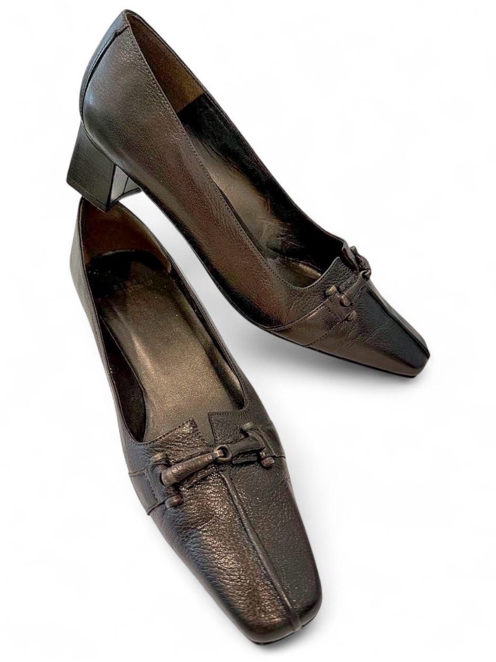 Vintage Stuart Weitzman Brown Leather Horsebit Block Heel Pumps Size 9B Spain